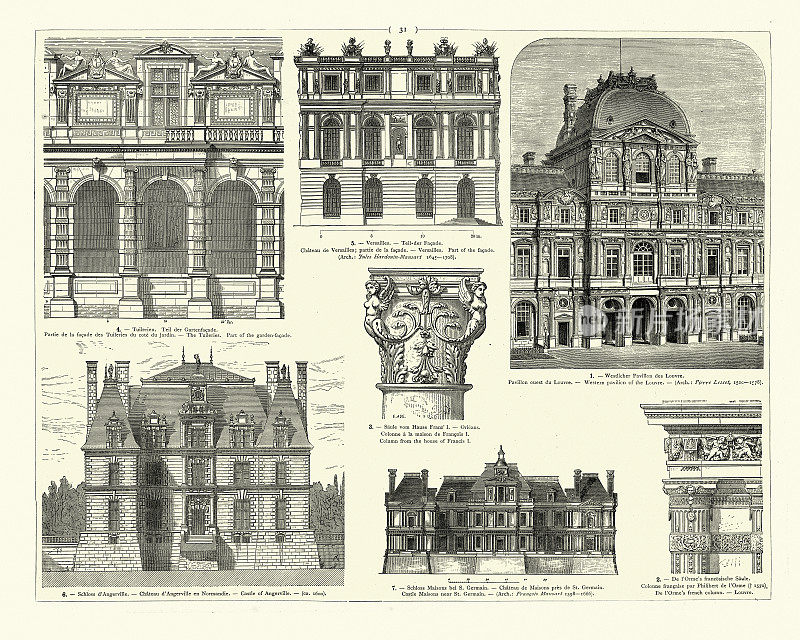 巴洛克建筑的例子，杜伊勒里宫，凡尔赛宫，卢浮宫，Château d’angerville在诺曼底